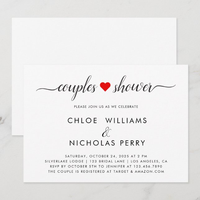 Simple and elegant red heart couples shower invitation (Front/Back)