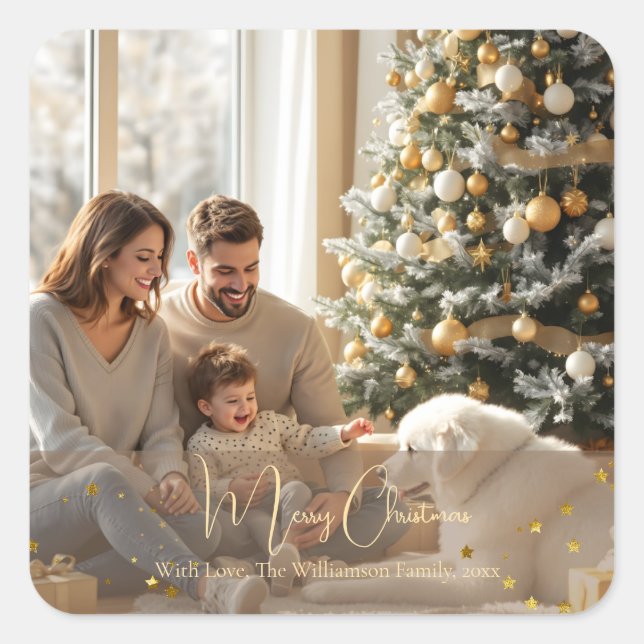 Simple and Elegant Script Photo Merry Christmas Square Sticker (Front)