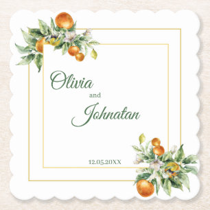Simple and Elegant Summer Orange Floral Wedding  Paper Coaster