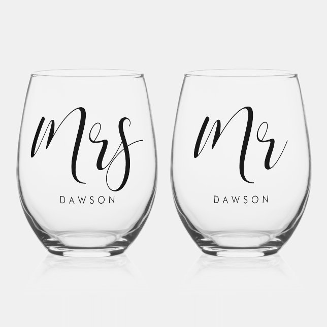 Simple and elegant Wedding Mr & Mrs Set Stemless Wine Glass (Front)
