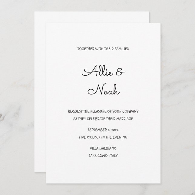 simple and elegant white wedding invitation card (Front/Back)