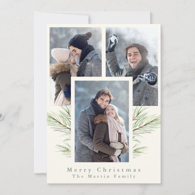 Simple and Festive Greenery Ivory Three Photo Holiday Card (Front)