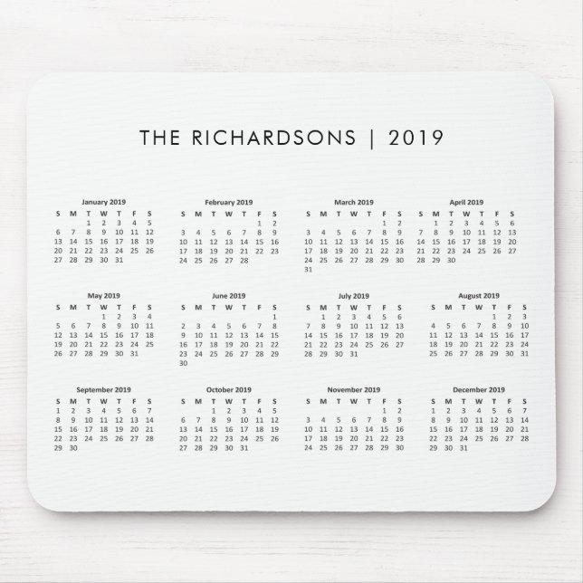 Simple and Modern Black and White 2019 Calendar Mouse Mat (Front)