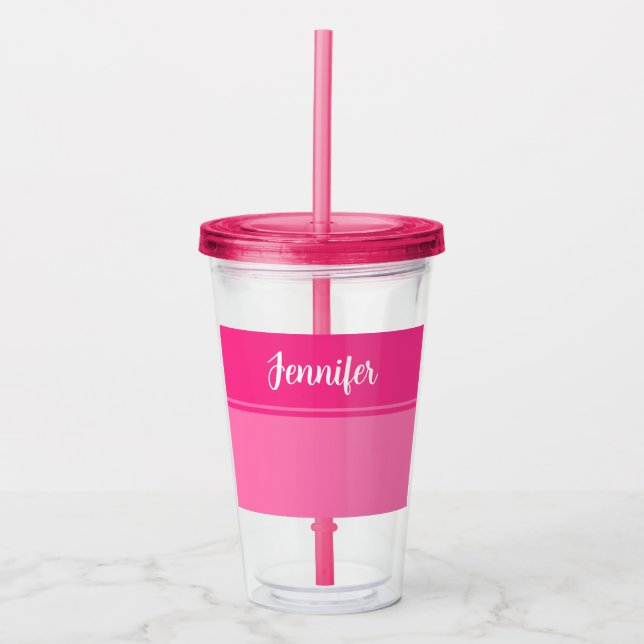 Simple and Pretty Hot Pink Striped Custom Name Acrylic Tumbler (Front)