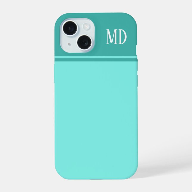 Simple and Pretty Teal Blue Striped Monogram iPhone 15 Case (Back)