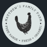 Simple and Vintage Farm Chicken egg box Classic Round Sticker<br><div class="desc">This cute vintage and rustic sticker design is perfect for your family farm packaging,  or for egg boxes. The design features a cute spotty chicken,  with space for you to add your farm name and a description of your eggs.</div>