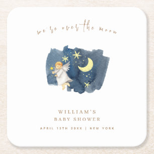 Simple Angel Moon Star Baby Shower Square Paper Coaster