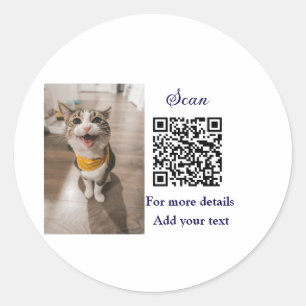 Simple animal name details QR code add text photo Classic Round Sticker