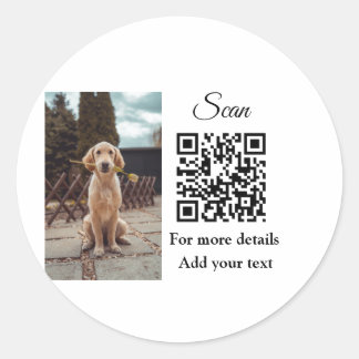 Simple animal name details QR code add text photo  Classic Round Sticker