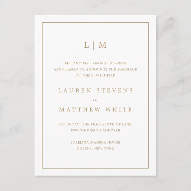 Simple Antique Gold Monogram Elegant Wedding Announcement Postcard (Front)