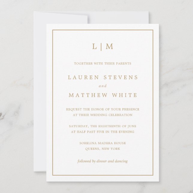 Simple Antique Gold Monogram Elegant Wedding Invitation (Front)