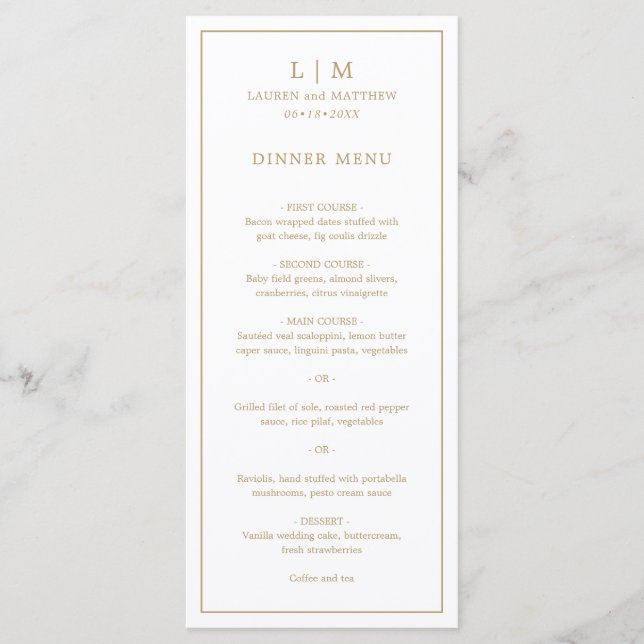 Simple Antique Gold Monogram Elegant Wedding Menu (Front)