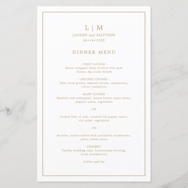 Simple Antique Gold Monogram Elegant Wedding Menu (Front)