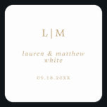 Simple Antique Gold Monogram Elegant Wedding Square Sticker<br><div class="desc">Simple wedding sticker featuring an elegant and timeless design with your two letter monogram along with your names and wedding date in a gold tone, over a white background. The font colour may be changed to any colour you wish by clicking the customise button or making a request for a...</div>