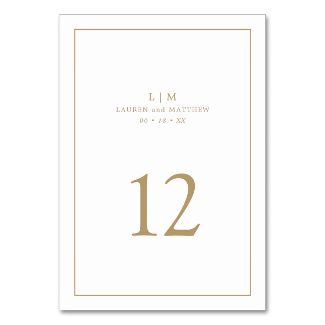 Simple Antique Gold Monogram Elegant Wedding Table Number (Front)