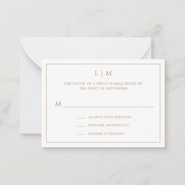 Simple Antique Gold Monogram Mini Wedding RSVP Card (Front)