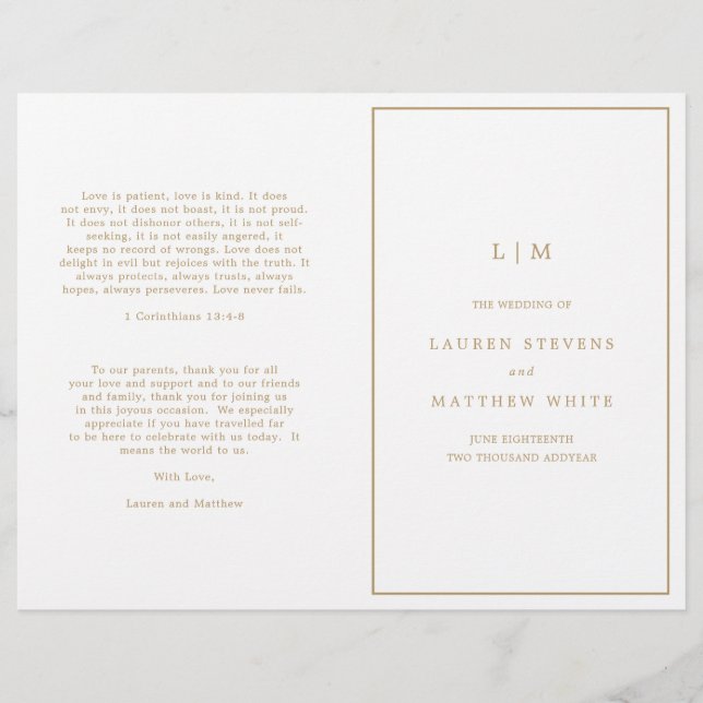 Simple Antique Gold Monogram Wedding Program (Front)