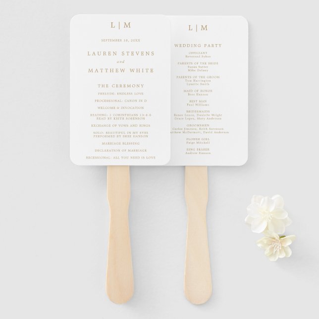 Simple Antique Gold Monogram Wedding Program Hand Fan (Front and Back)