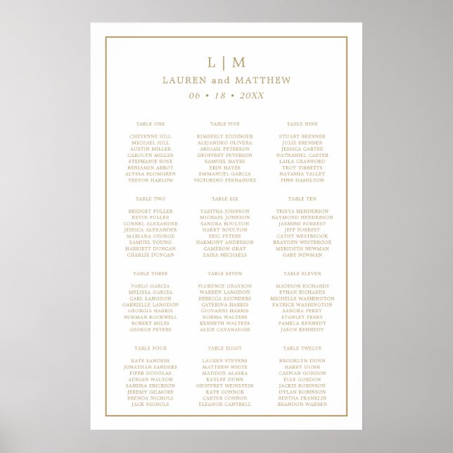Simple Antique Gold Monogram Wedding Seating Chart (Front)
