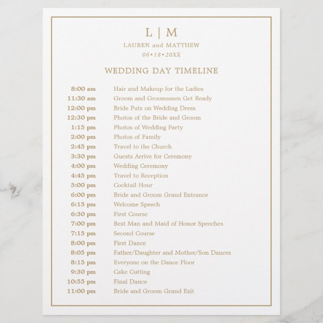 Simple Antique Gold Monogram Wedding Timeline (Front)