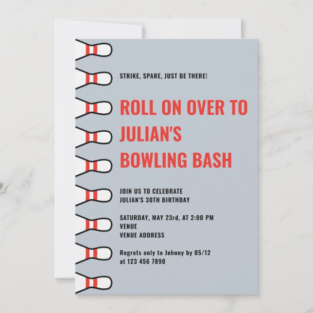 Simple Any Age Dusty Blue Bowling Birthday Party Invitation (Front)