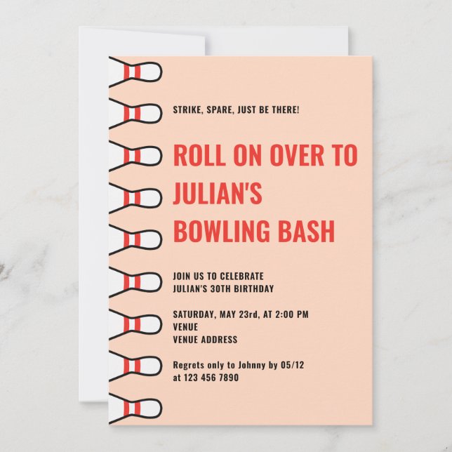 Simple Any Age Peach Fuzz Bowling Birthday Party Invitation (Front)