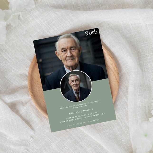 Simple Any Age Sage Green Photo 90th Birthday Invitation (Creator Uploaded)