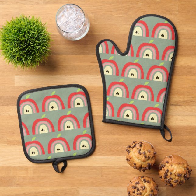 Simple Apple Rainbow Fruit Pattern Sage Green Oven Mitt & Pot Holder Set (Top Down)