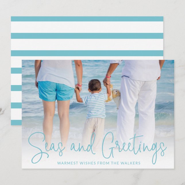 Simple Aqua Beach Photo Elegant Christmas Holiday Card (Front/Back)