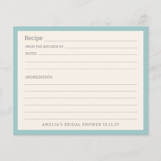 Simple Aqua Blue Border Personalised Recipe Card (Front)