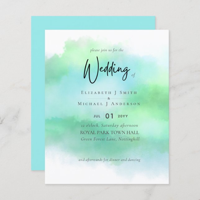 Simple Aqua Blue Fade Green Modern Budget Wedding (Front/Back)