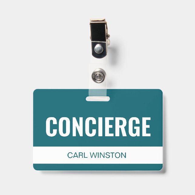 Simple Aqua Custom Hotel Concierge Employee ID Badge (Front with Clip)