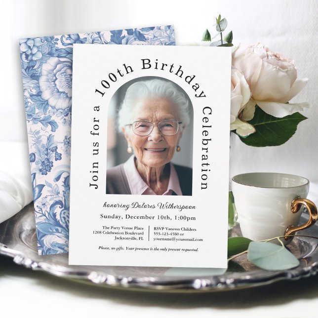Simple Arch 100th Birthday Party with Photo Invitation (A stylish arch photo 100th birthday party invitation with French blue toile styling.)