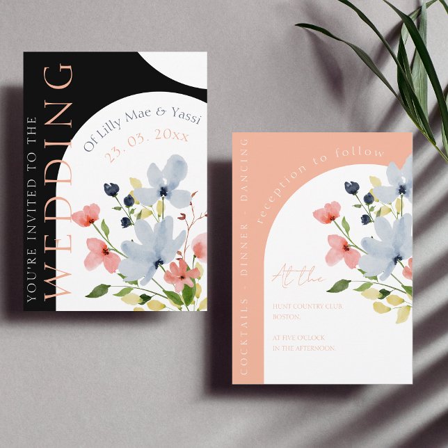 Simple Arch Black and Pink Floral Wedding Invitation (Creator Uploaded)