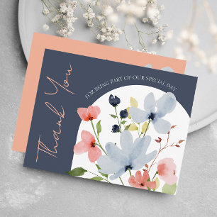 Simple Arch Blue and Pink Floral Wedding Thank You Card
