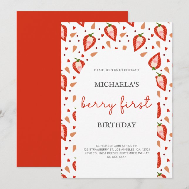 Simple Arch Girl Berry First Birthday  Invitation (Front/Back)