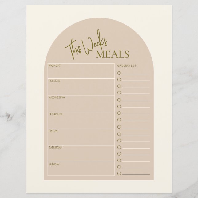 Simple Arch Minimal Text Weekly Meal Planner (Front)