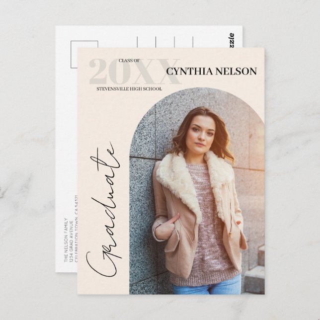 Simple Arch Photo Beige Graduation Announcement Postcard (Front/Back)