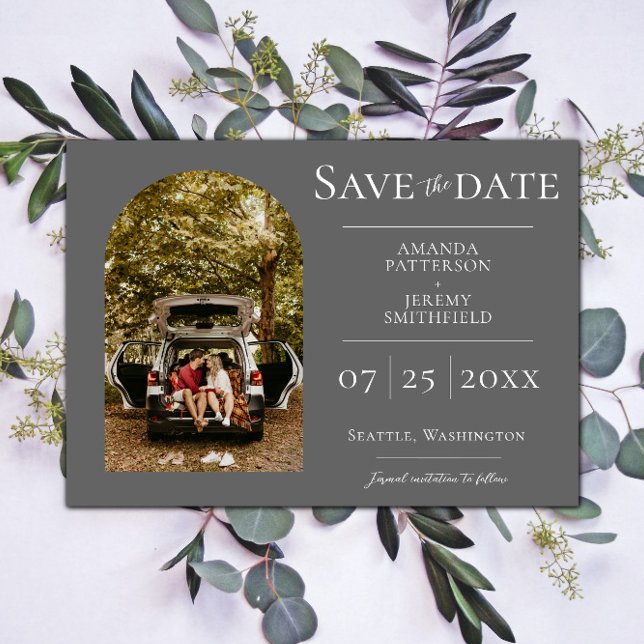 Simple Arch Photo | Grey Save the Date (Gray Simple Arch Photo Save the Date)