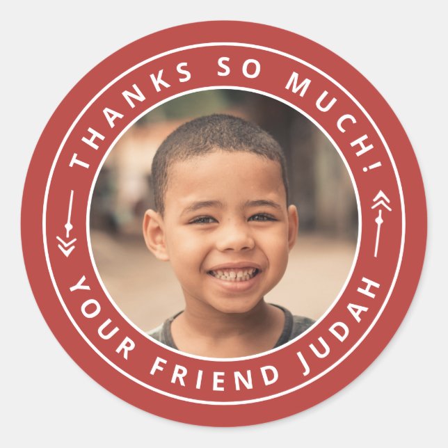 Simple Arrows Circle Photo Thank You Name Red Classic Round Sticker (Front)