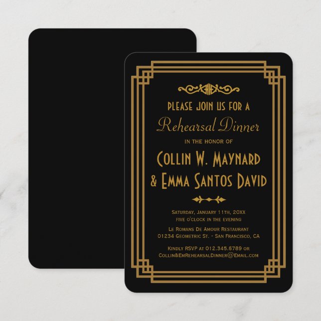 Simple Art Deco Black Rehearsal Dinner Invites (Front/Back)