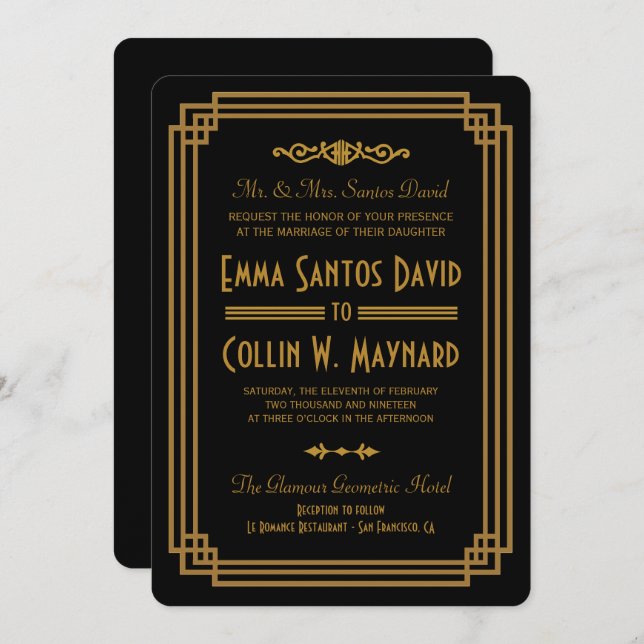 Simple Art Deco Black Wedding Invitations (Front/Back)