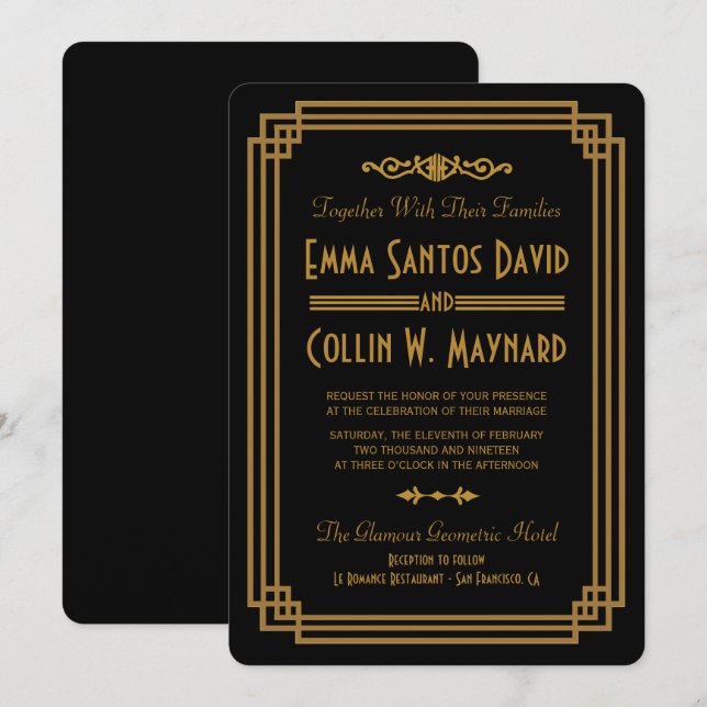 Simple Art Deco Black Wedding Invitations (Front/Back)