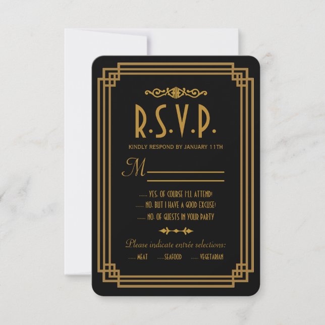 Simple Art Deco Black Wedding Response Cards (Front)