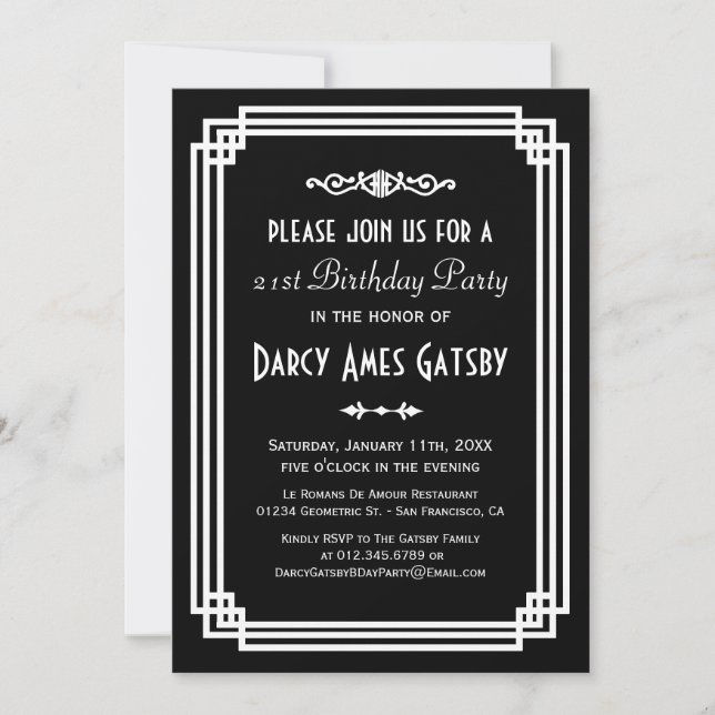 Simple Art Deco Black & White Birthday Party Invitation (Front)