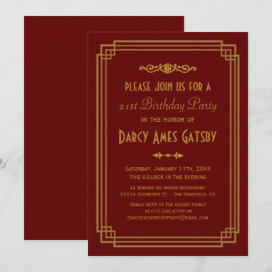 Simple Art Deco Burgundy Birthday Party Invites