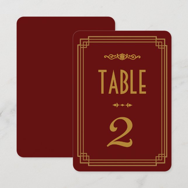 Simple Art Deco Burgundy Wedding Table Numbers (Front/Back)