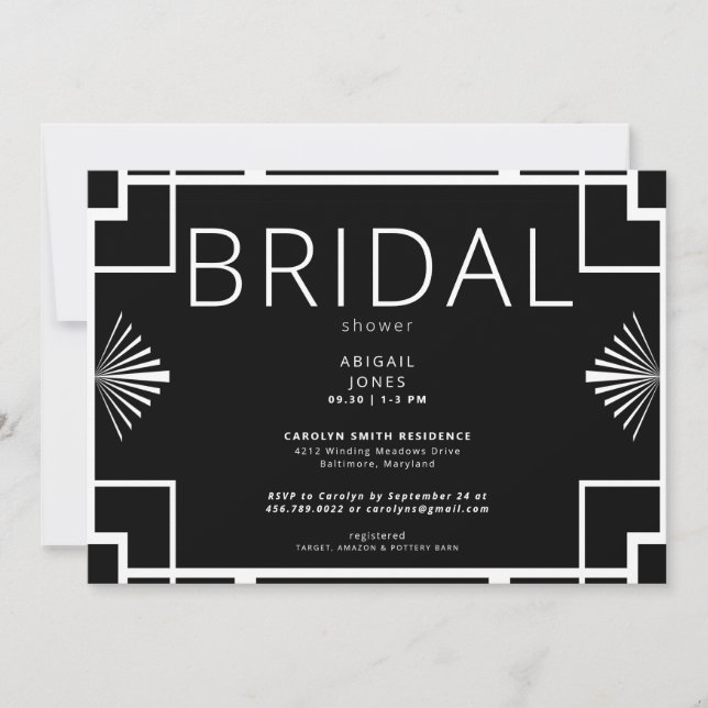 Simple Art Deco Frame Black & White Bridal Shower Invitation (Front)