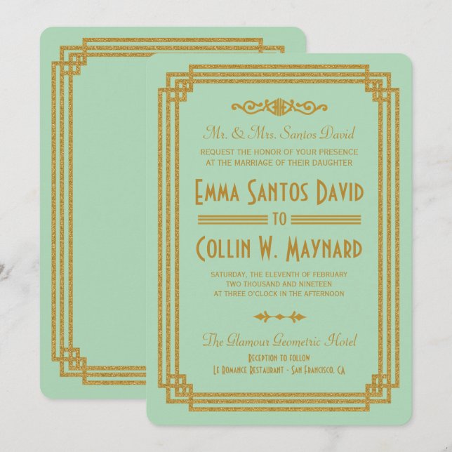 Simple Art Deco Mint Wedding Invites (Front/Back)