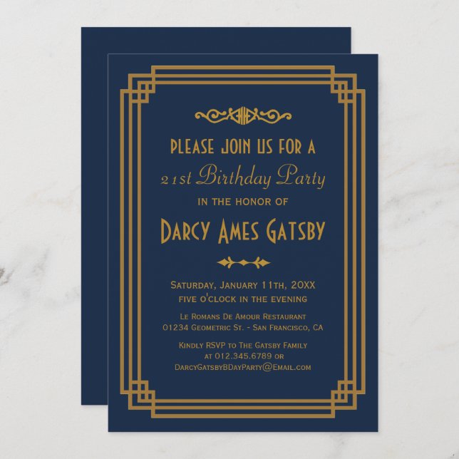 Simple Art Deco Navy Birthday Party Invites (Front/Back)